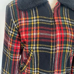 Vintage Plaid bomber style Jacket with Black fuzzy collar